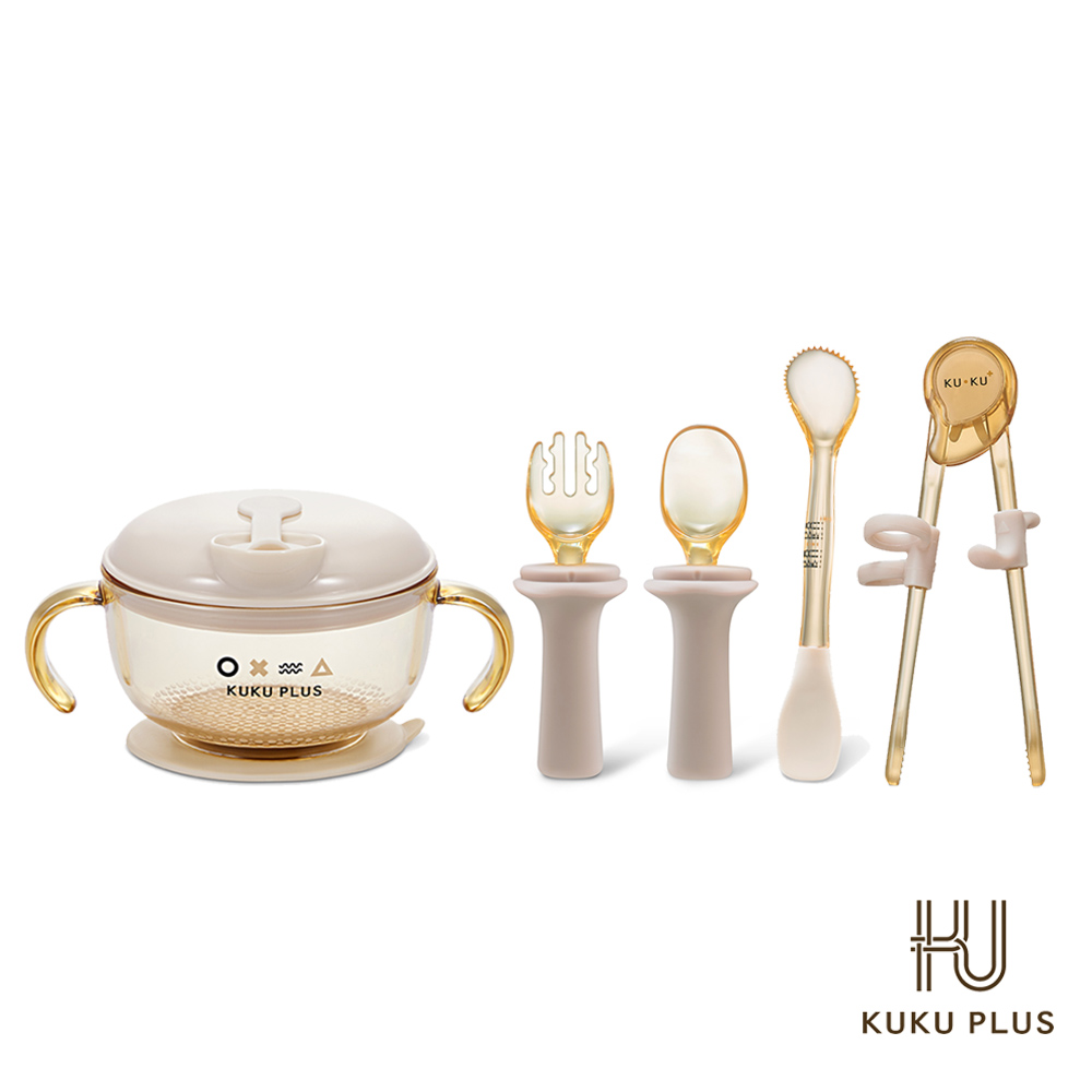 KU.KU 酷咕鴨 KUKU PLUS PPSU全套餐具組(多功能學習吸盤碗/2合1雙頭果泥湯匙/學習餐具組/多階段學習筷)