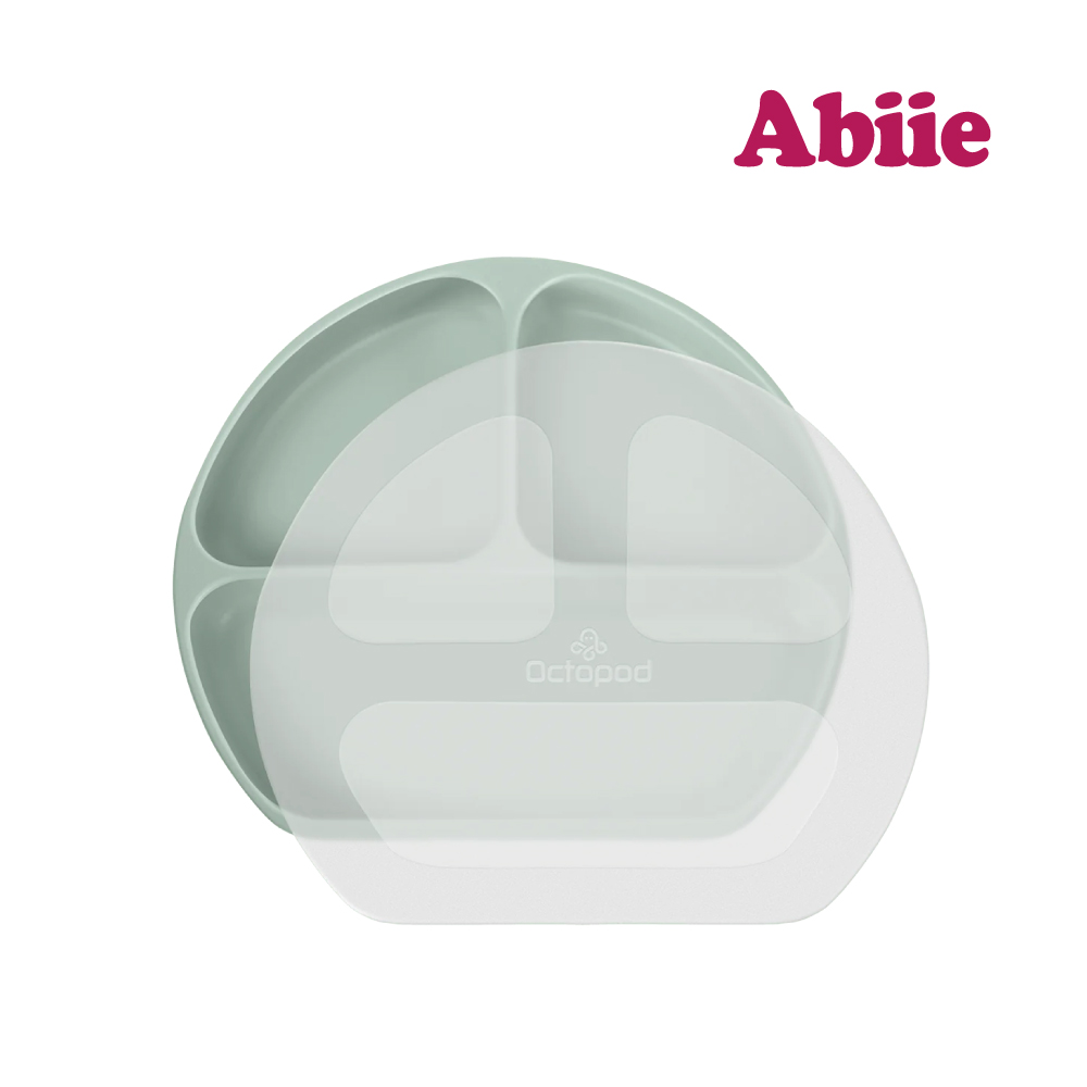 Abiie 蛙式三餐-吸盤式附蓋矽膠餐盤(羅勒綠)