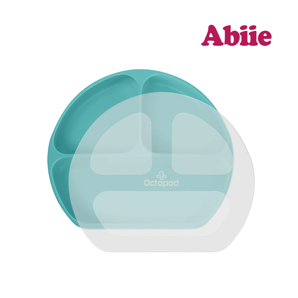 Abiie 蛙式三餐-吸盤式附蓋矽膠餐盤(綠松石)
