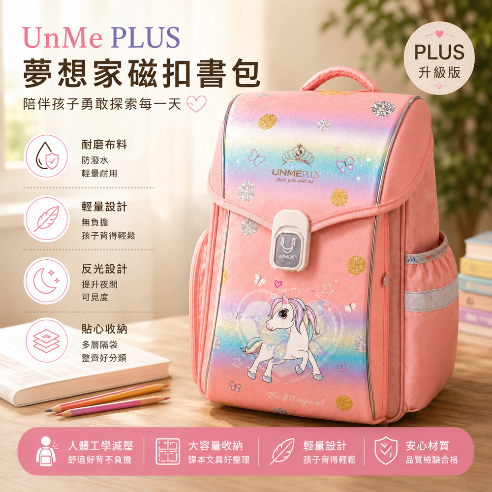 UnMe 夢想家透氣輕量後背書包 減壓書包 磁扣書包附雨套獨角獸雲粉色-台灣製造 品質口碑