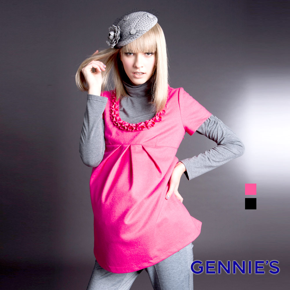 Gennies 奇妮 010系列-珍珠雕花羊毛長版上衣(桃/黑)