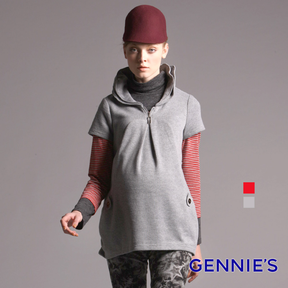 Gennies 奇妮 010系列-層次領短袖上衣(紅/灰)