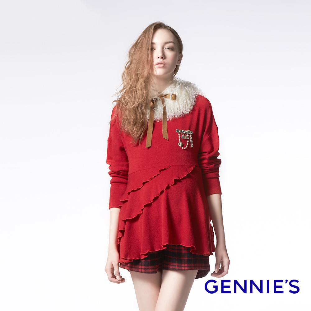Gennies 奇妮 經典素色荷葉邊拼接上衣(紅/灰)