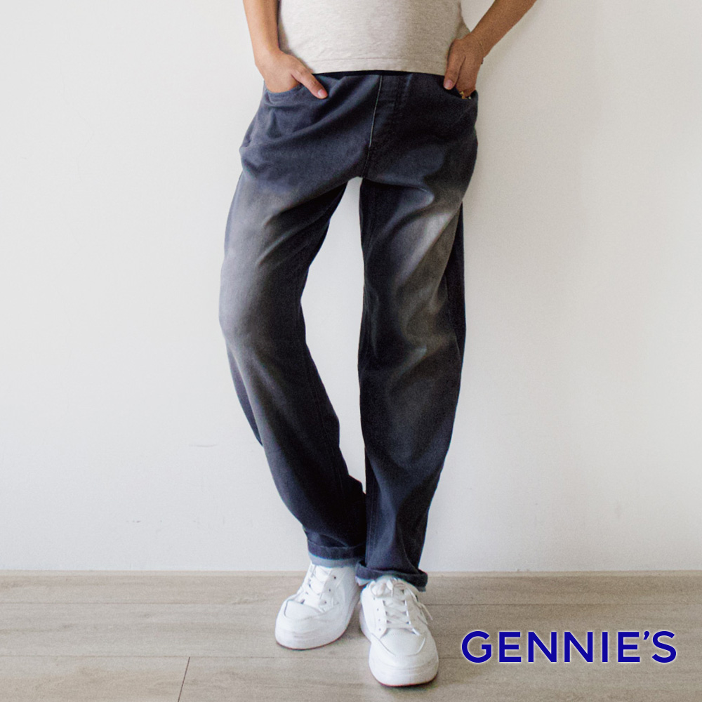 Gennies 奇妮 個性刷色牛仔褲-深灰(孕婦褲 修身 一體成型 無痕褲頭)