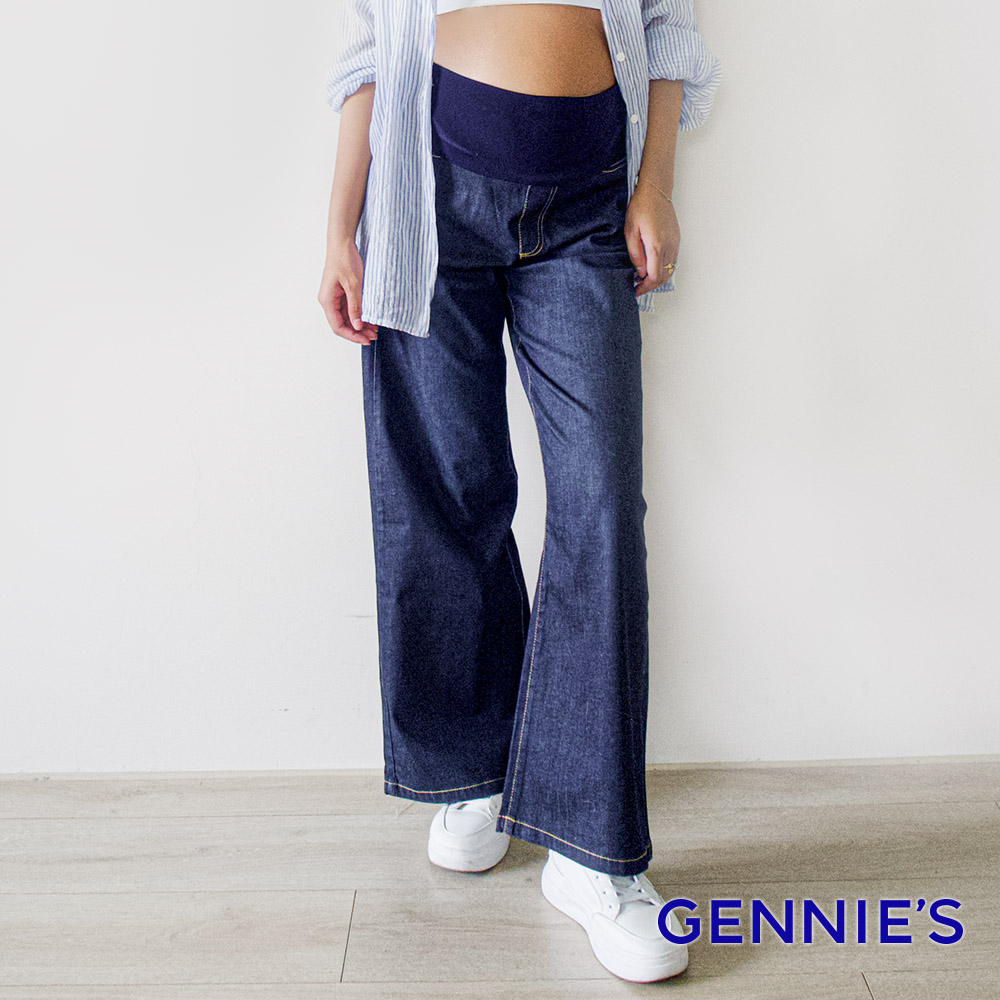 Gennies 奇妮 舒適牛仔寬褲-深藍(孕婦裝 孕婦褲 牛仔褲 前後口袋 一體成型 無痕褲頭)