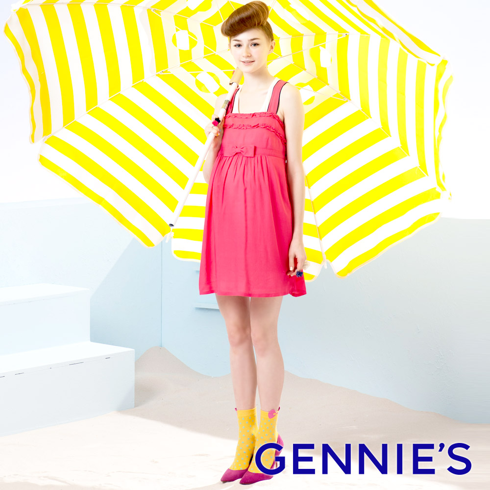 Gennies 奇妮 夏日甜心蝴蝶結肩帶洋裝(桃紅)