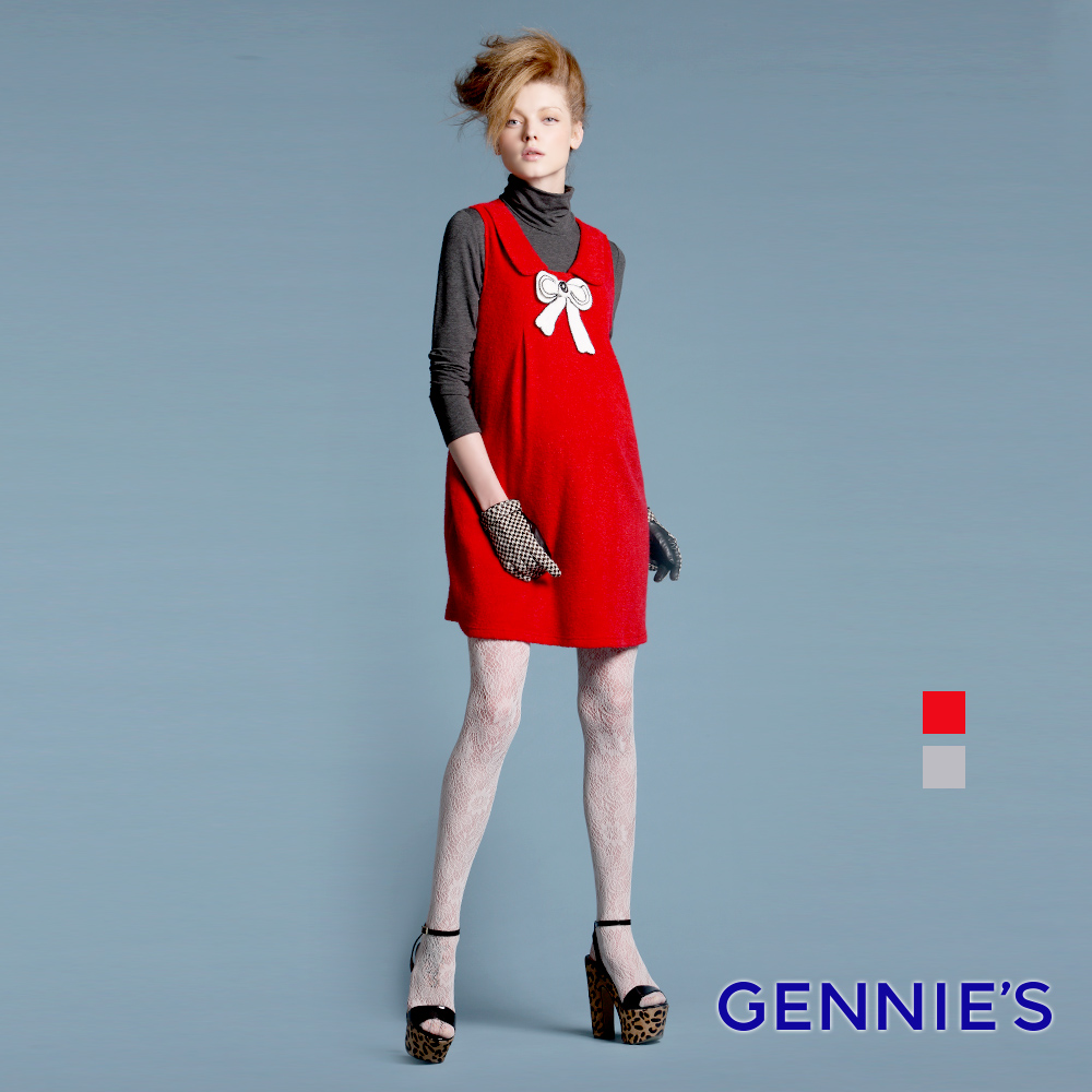 Gennies 奇妮 010系列-可愛蝴蝶結背心洋裝(紅/灰)