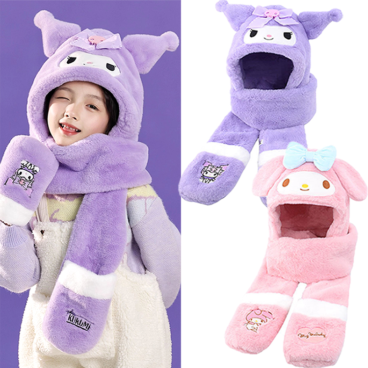 Sanrio 三麗鷗 三麗鷗美樂蒂酷洛米兒童帽子圍巾手套組保暖連帽圍脖手套一體3件組 55100(禮物聖誕節 平輸品)【小品館】