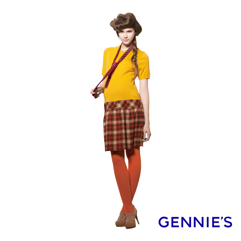 Gennies 奇妮 英倫學院風針織拼接格紋洋裝(黃)