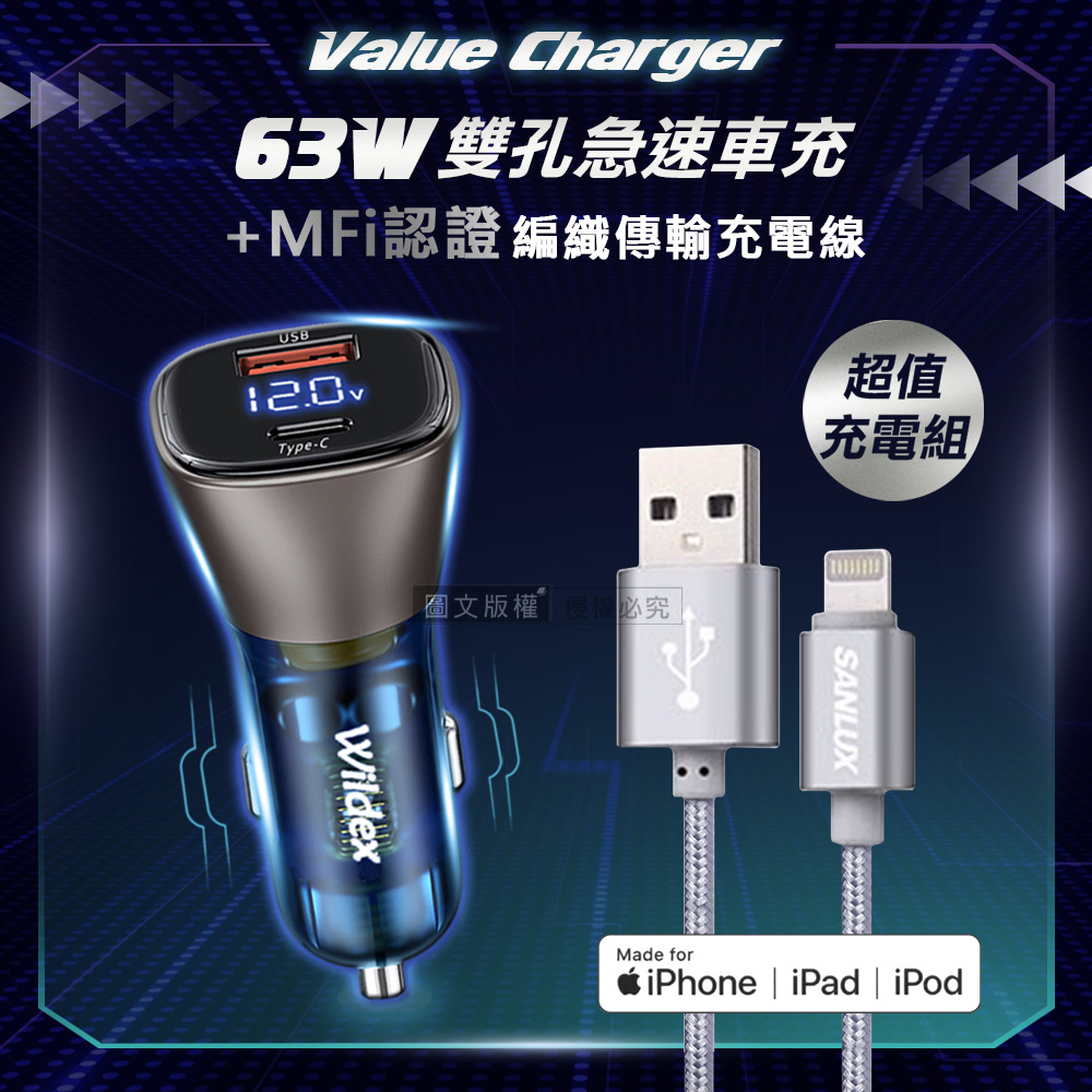 SANLUX 台灣三洋 MFi原廠認證線 Lightning USB 傳輸充電線(100cm)+63W急速充電 雙孔電瓶電壓車充頭