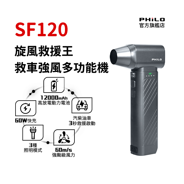 PHILO 飛樂 旋風救援王 救車強風多功能機 SF120 強風機 吹塵槍 救車機 12000mAh 17級強陣風