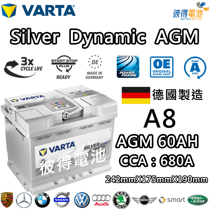 VARTA 華達A8 D52 AGM 60AH LN2汽車電瓶怠速熄火車(德國製造