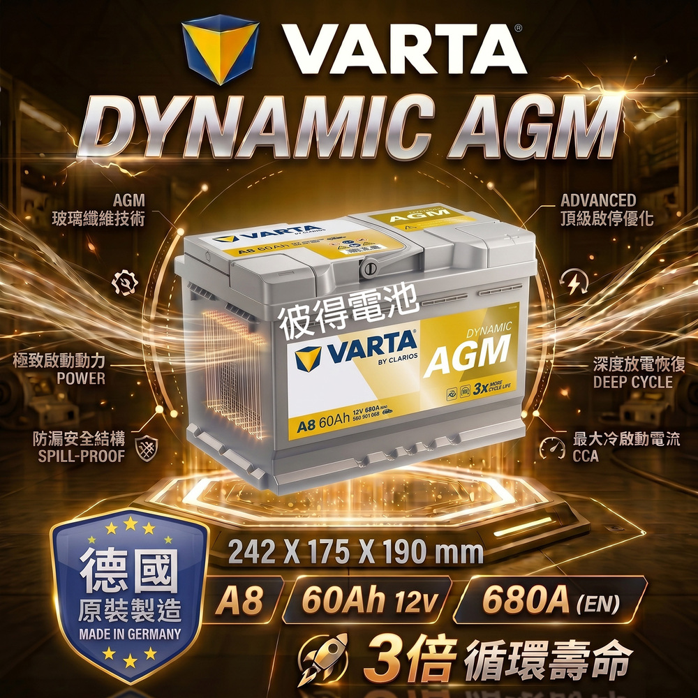 VARTA 華達 A8 D52 AGM 60AH LN2汽車電瓶 怠速熄火車(德國製造)
