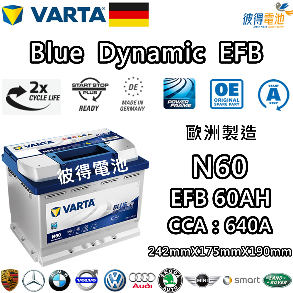 VARTA 華達A8 D52 AGM 60AH LN2汽車電瓶怠速熄火車(德國製造