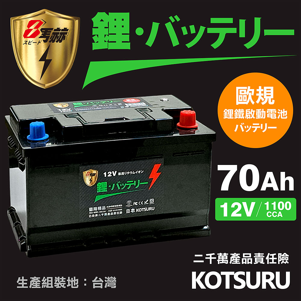 KOTSURU 57117-70 8馬赫 【歐規】汽車電瓶 鋰鐵啟動電池 12V 70AH 1100CCA (電極左負右正)