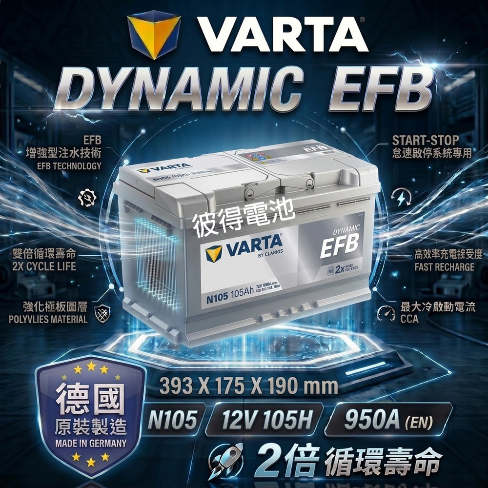 VARTA 華達 N105 EFB 105AH LN6汽車電瓶 怠速熄火車 (德國進口 歐洲製造)