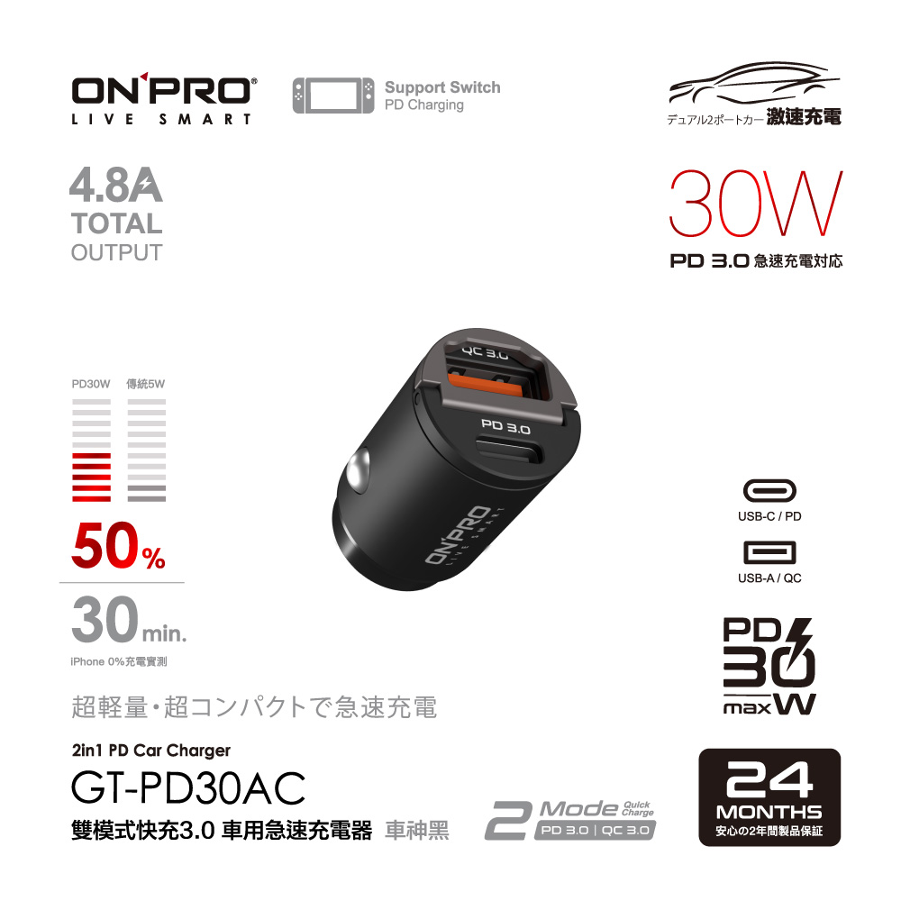 GT-PD30AC 30W 隱藏式雙模式車用PD快充充電器