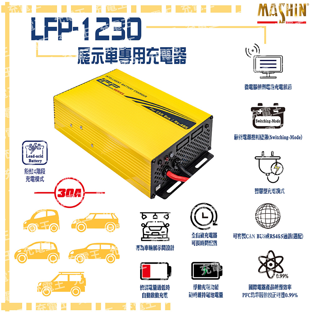 麻新電子 LFP-1230 12V 30A 鉛酸電池充電器 含鱷魚夾