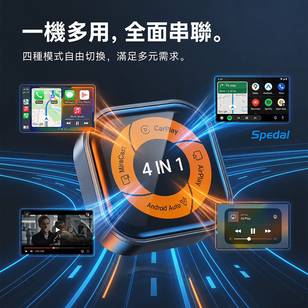 Spedal 勢必得 CL332 四合一車用CarPlay/Android Auto/MiraCast/AirPlay 無線投影器