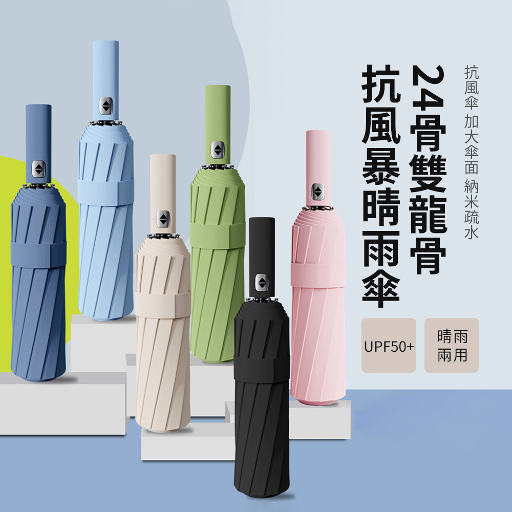 台灣現貨 24骨雙龍骨抗颱傘 10級抗風黑膠傘 UPF50+ 自動開收折疊晴雨傘 防曬遮陽兩用 機車族 商務傘