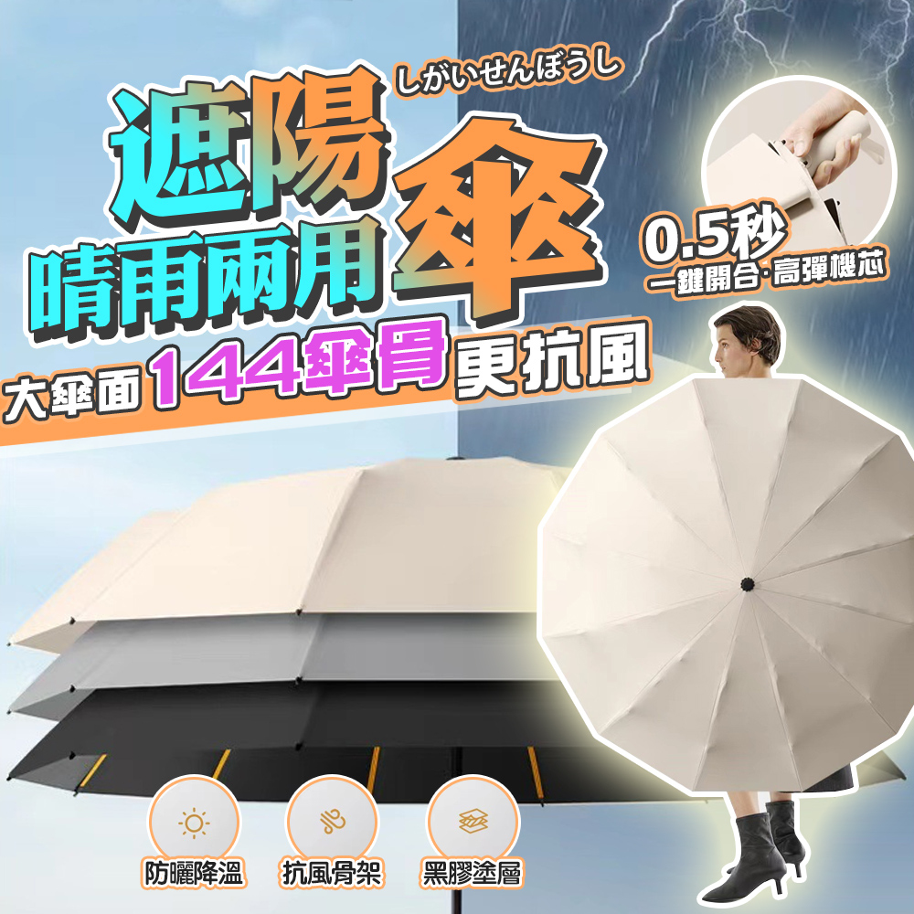 144 根纖維骨架黑膠自動晴雨傘抗UV 加大傘面抗風擋雨遮陽雙人傘樂豐