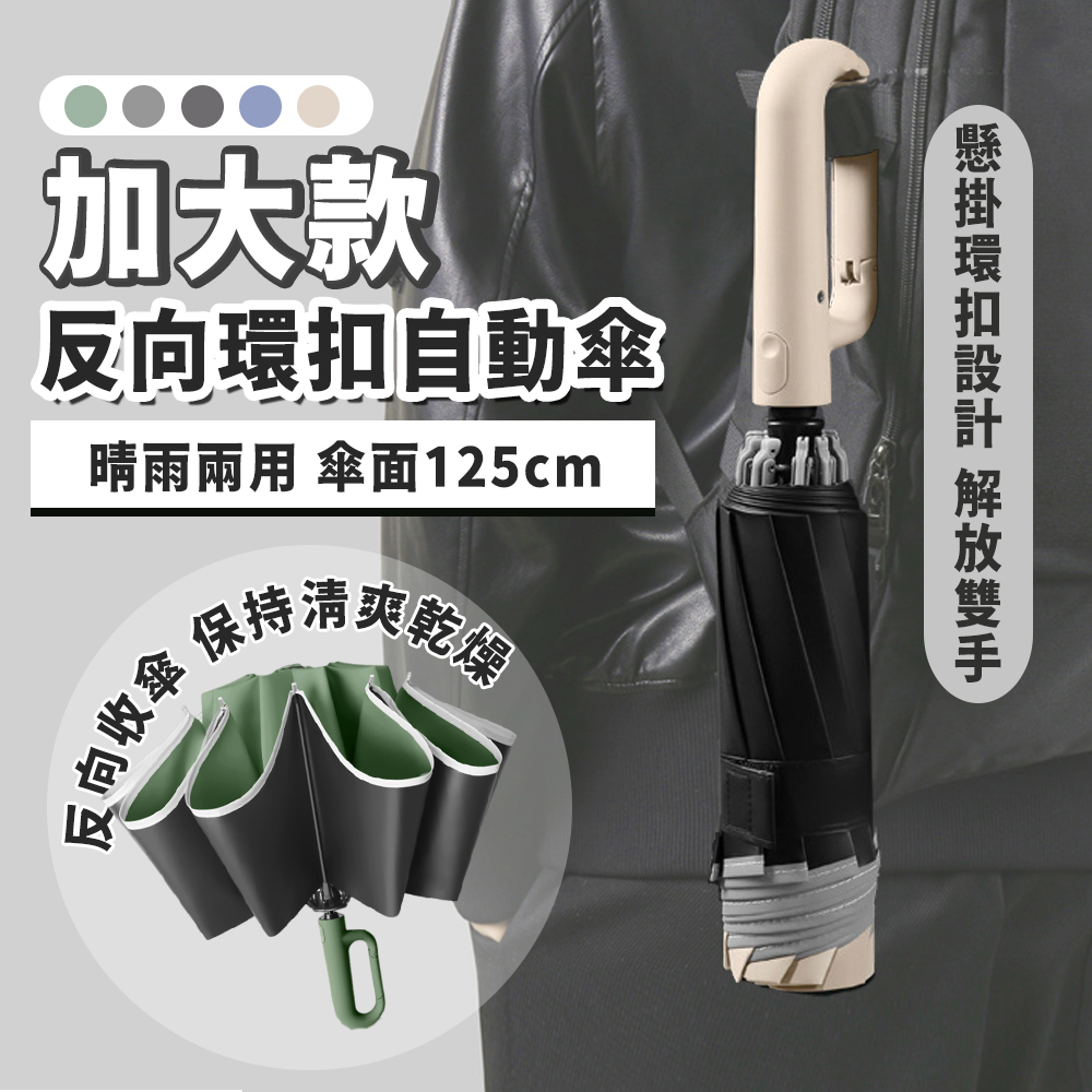黑膠防曬反向環扣自動勾勾雨傘(大傘面 摺疊 環扣傘 三折傘 10骨)