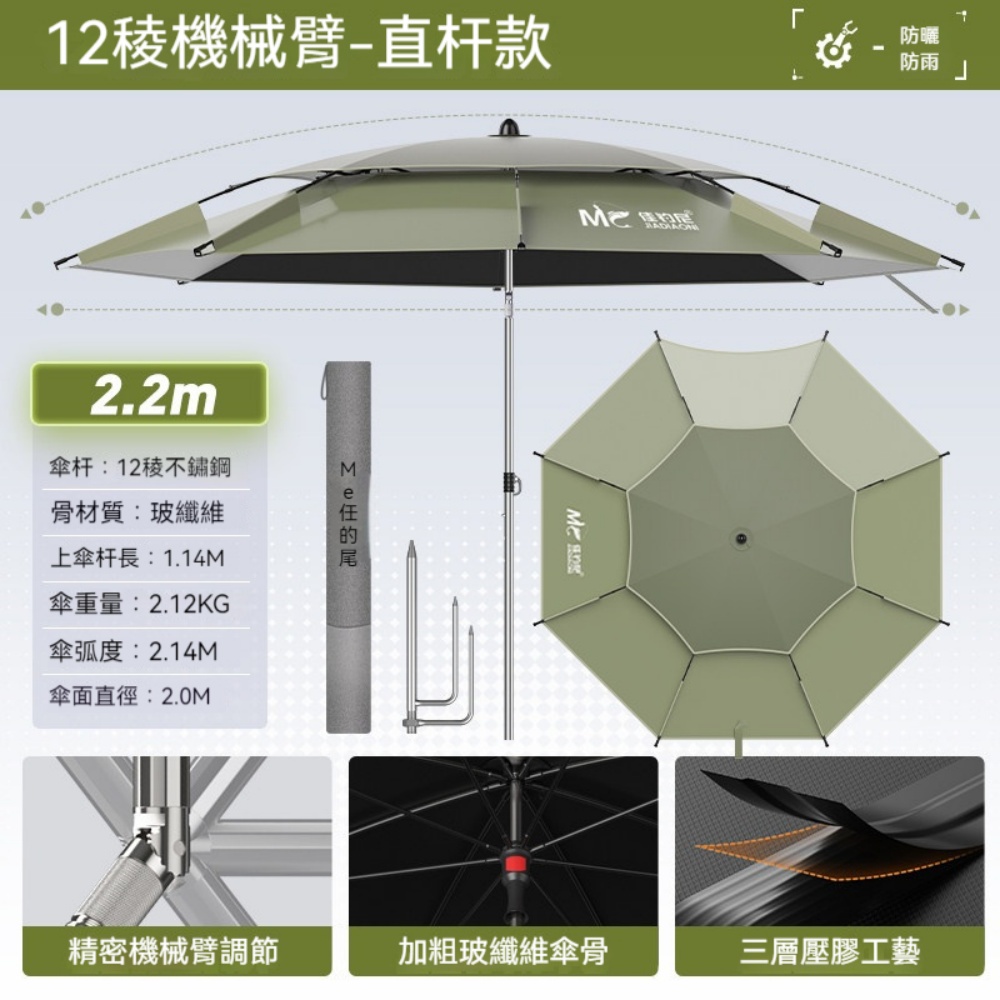 佳釣尼 2.2 米機械臂直桿傘 全桿不鏽鋼 2026 新款野釣遮陽太陽傘
