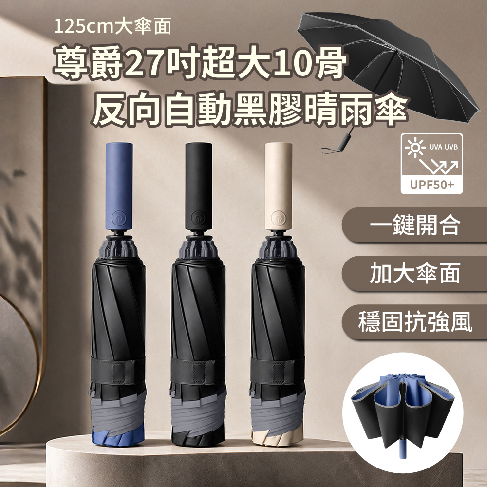 APEX 尊爵27吋超大10骨反向自動黑膠晴雨傘