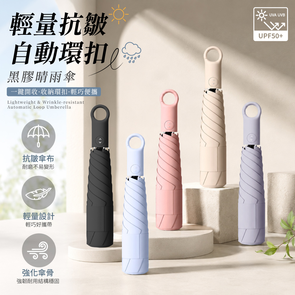 APEX 輕量抗皺自動環扣黑膠晴雨傘