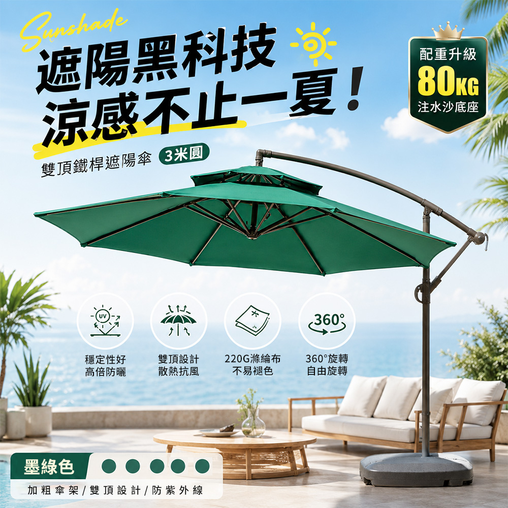 戶外庭院遮陽傘(送160斤註水沙底座)陽台花園香蕉傘 咖啡館商鋪夜市擺攤防水防曬太陽傘