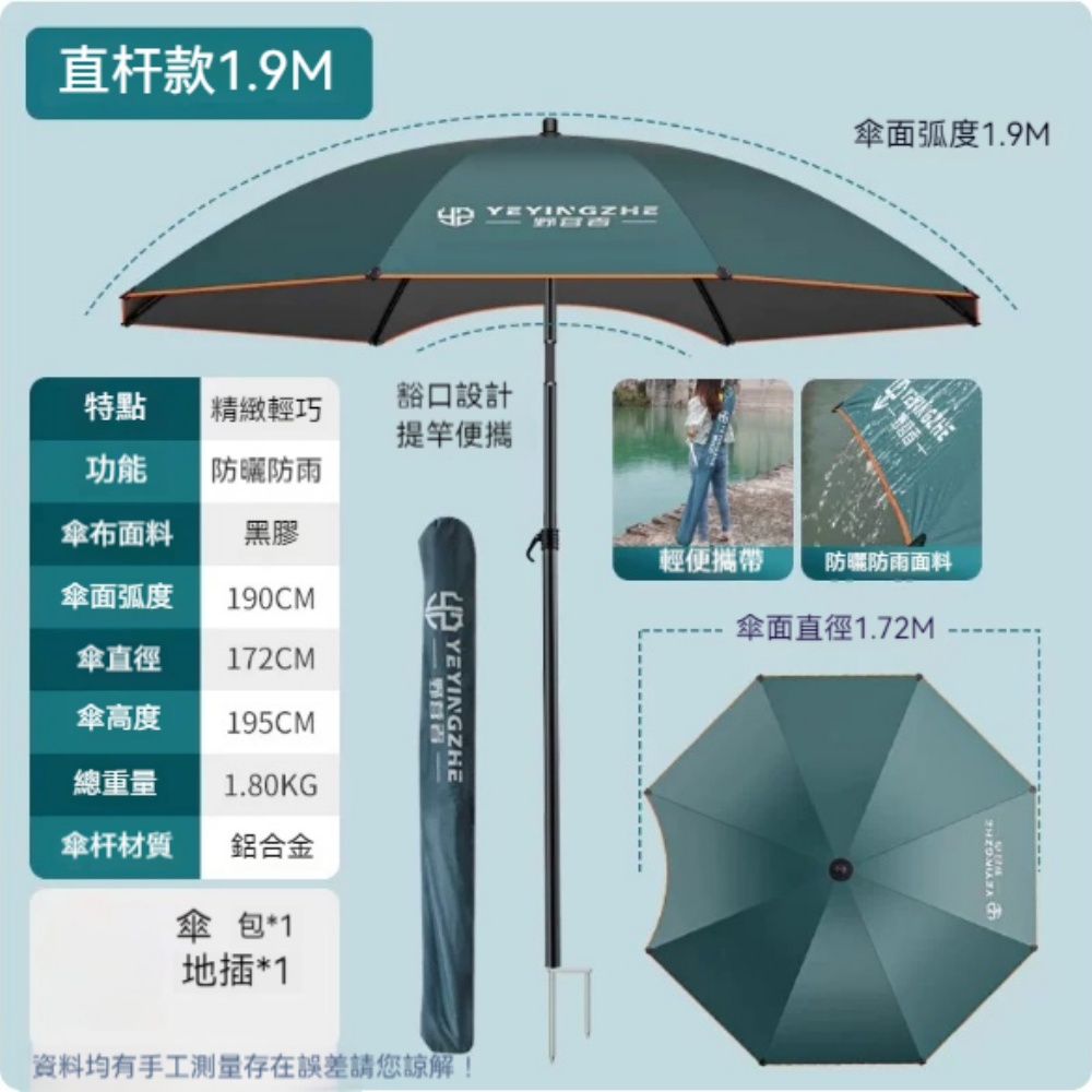 YUCN 裕川 遮陽傘 1.9米湛藍 12棱鋁鎂合金 輕量化釣魚傘 鋁合金便攜大釣傘 防曬太陽遮陽傘