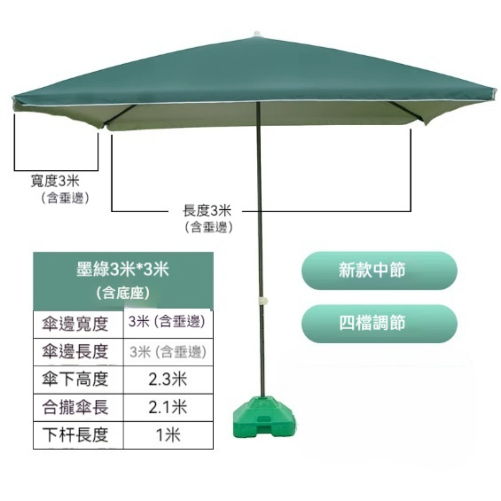 科麥斯 KMS 遮陽傘 藍色/紅色/墨綠3*3米含底座 戶外大傘 擺攤太陽傘 四方折疊雨傘 庭院沙灘傘