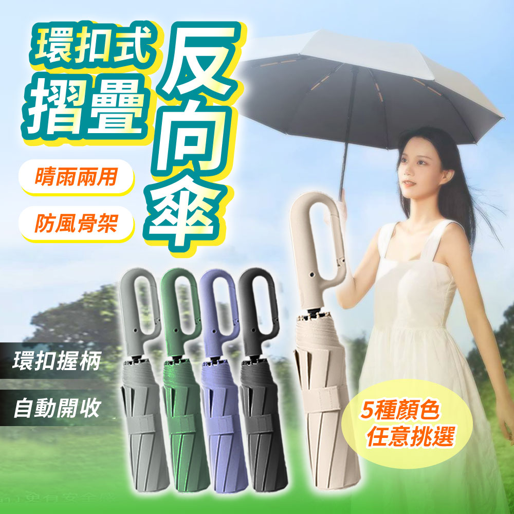 【幕日嚴選】23吋黑膠反向自動傘 折疊傘 遮陽傘 10骨雨傘 環扣設計握柄 晴雨兩用(38*6*6cm)