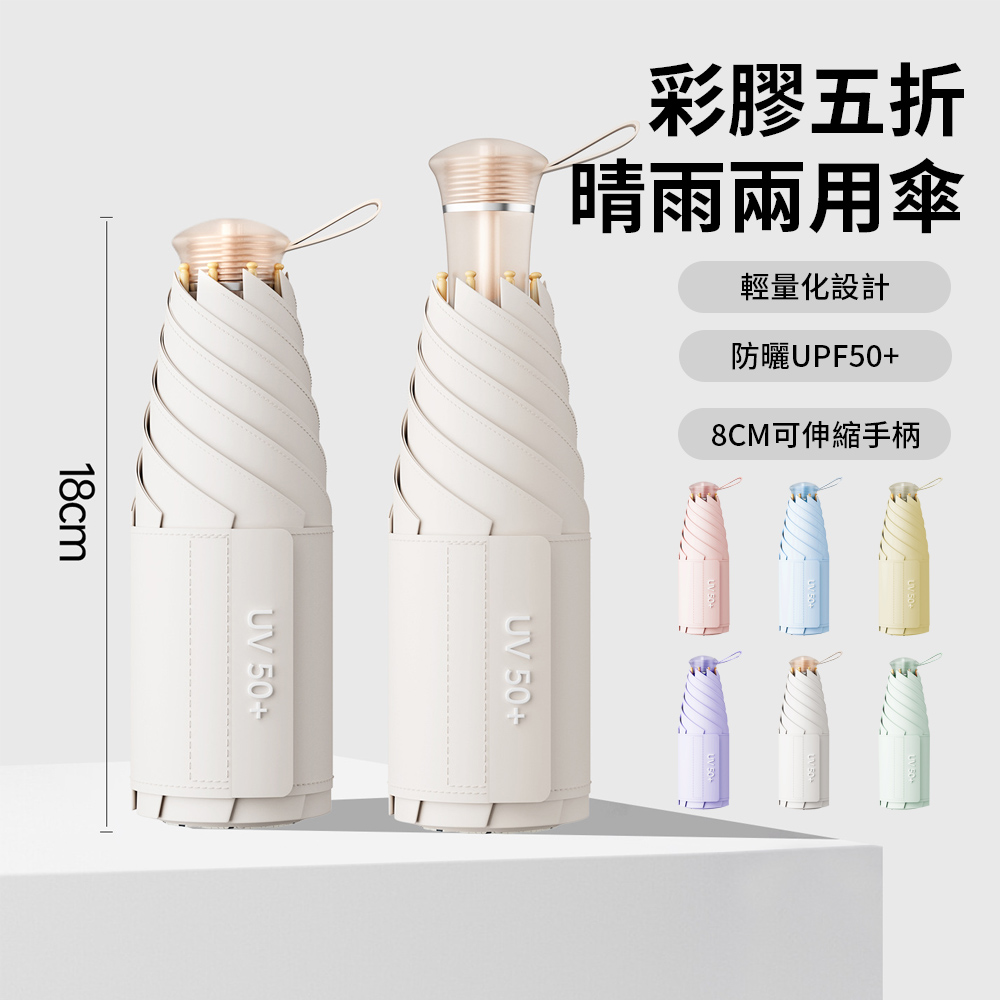 YOUDU 彩膠防曬晴雨口袋傘 可伸縮手柄 UPF50+防曬雨傘 太陽傘 抗UV遮陽降溫 輕量五折膠囊傘