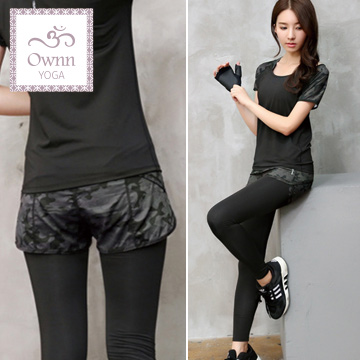 【品樂．Ownn Yoga】韓版迷彩瑜伽路跑健身修身排汗假兩件長褲(單賣褲子)