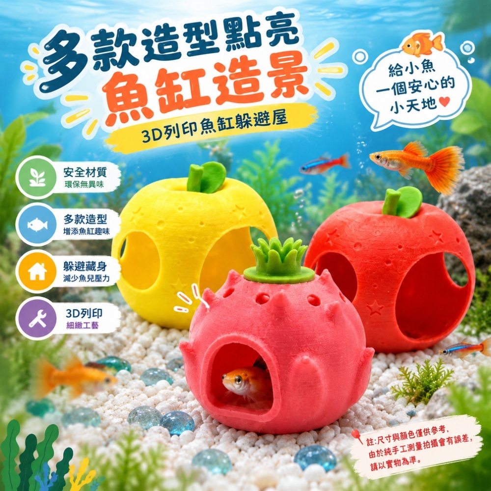 【匠造家】3D列印水果造型躲避屋 蘋果火龍果魚缸造景 多孔藏身洞 米蝦鬥魚休息繁殖屋 水族裝飾擺件