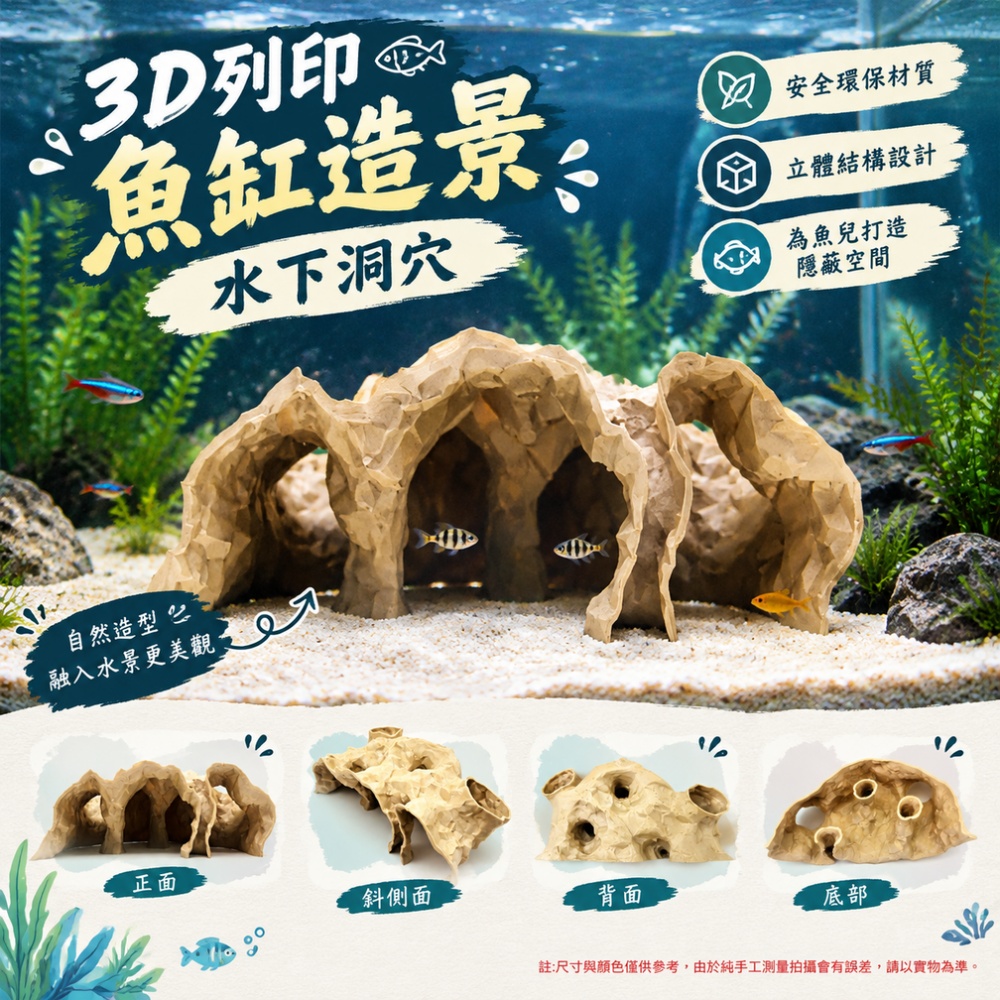 【匠造家】3D 列印水下洞穴魚缸造景 多孔躲避屋 魚蝦藏身洞穴 仿真岩石造景 淡水缸裝飾擺件 19*11*5cm