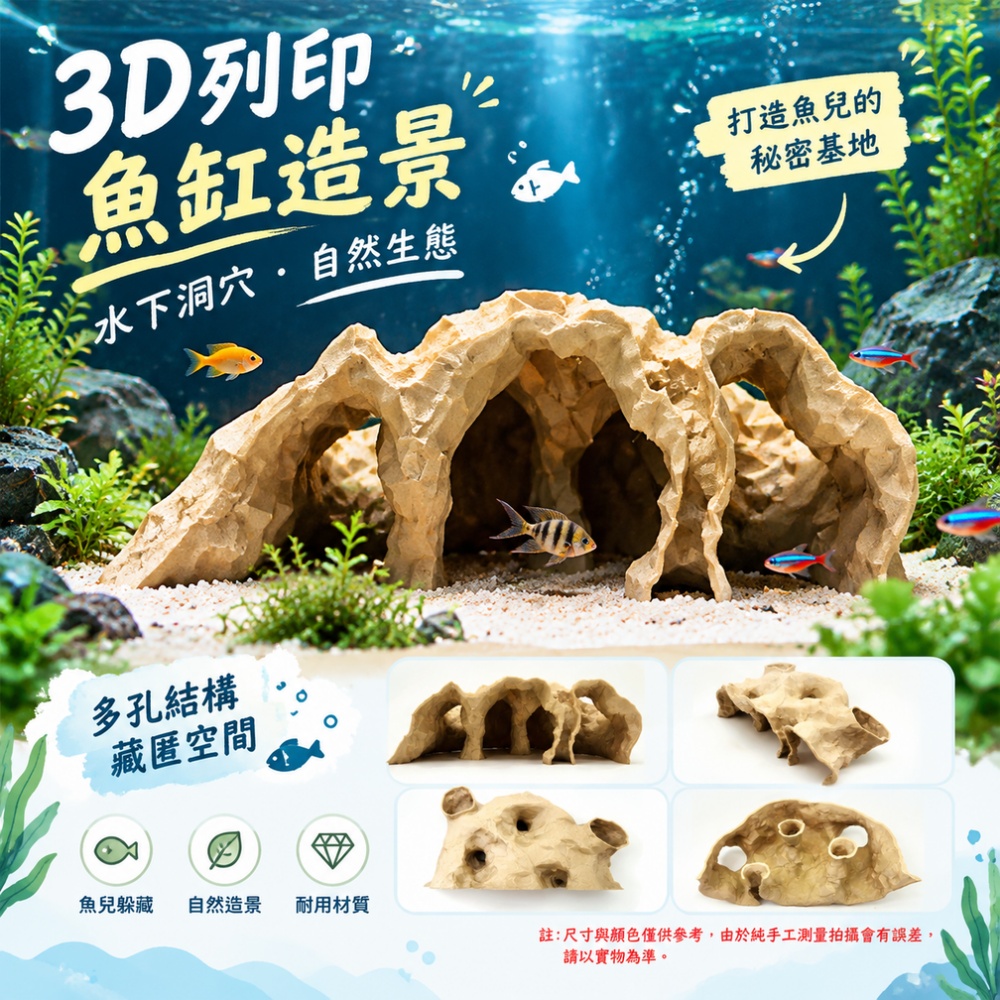 【匠造家】3D 列印水下洞穴魚缸造景 多孔躲避屋 魚蝦藏身洞穴 仿真岩石造景 淡水缸裝飾擺件 24*13*9cm