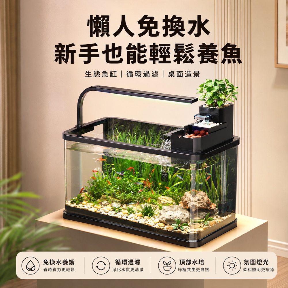 【厝景之隅】魚缸 生態魚缸 桌面小型魚缸 懶人魚缸 免換水魚缸 生態水族箱 38.8x21.5x21.2cm