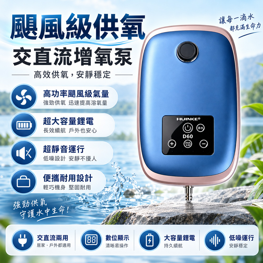 Rtako D60魚缸增氧泵 7800mAh 充電兩用打氧機 超靜音大氣量 停電備用水族氧氣泵