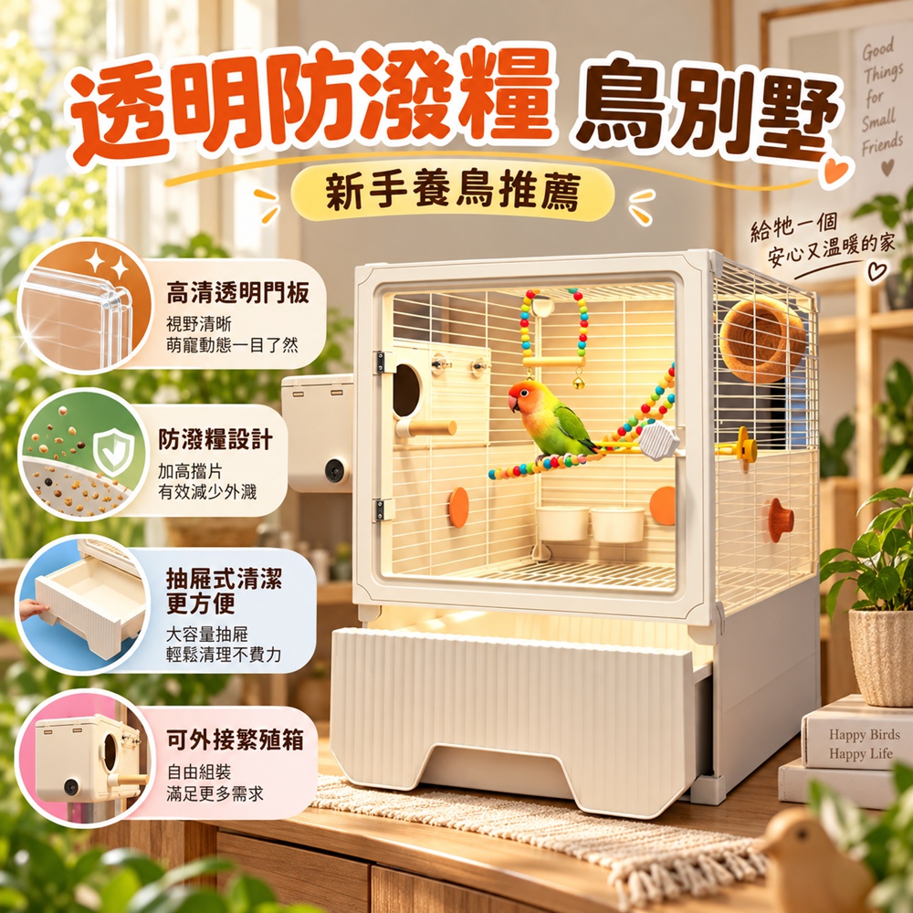 【星輝暦】 鸚鵡鳥籠 防濺鳥別墅 鳥籠 鳥屋 新型珍珠虎皮旋風牡丹防濺鳥籠（玩樂款35*35*52cm）