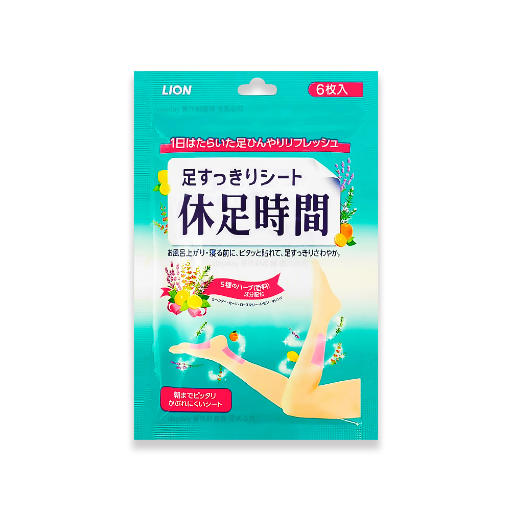 LION 日本獅王 休足時間腿部放鬆舒緩雙腳清涼感貼片6入/綠袋(鐵腿專用美足貼,帶走熱氣釋放冰涼感)（其他規格）