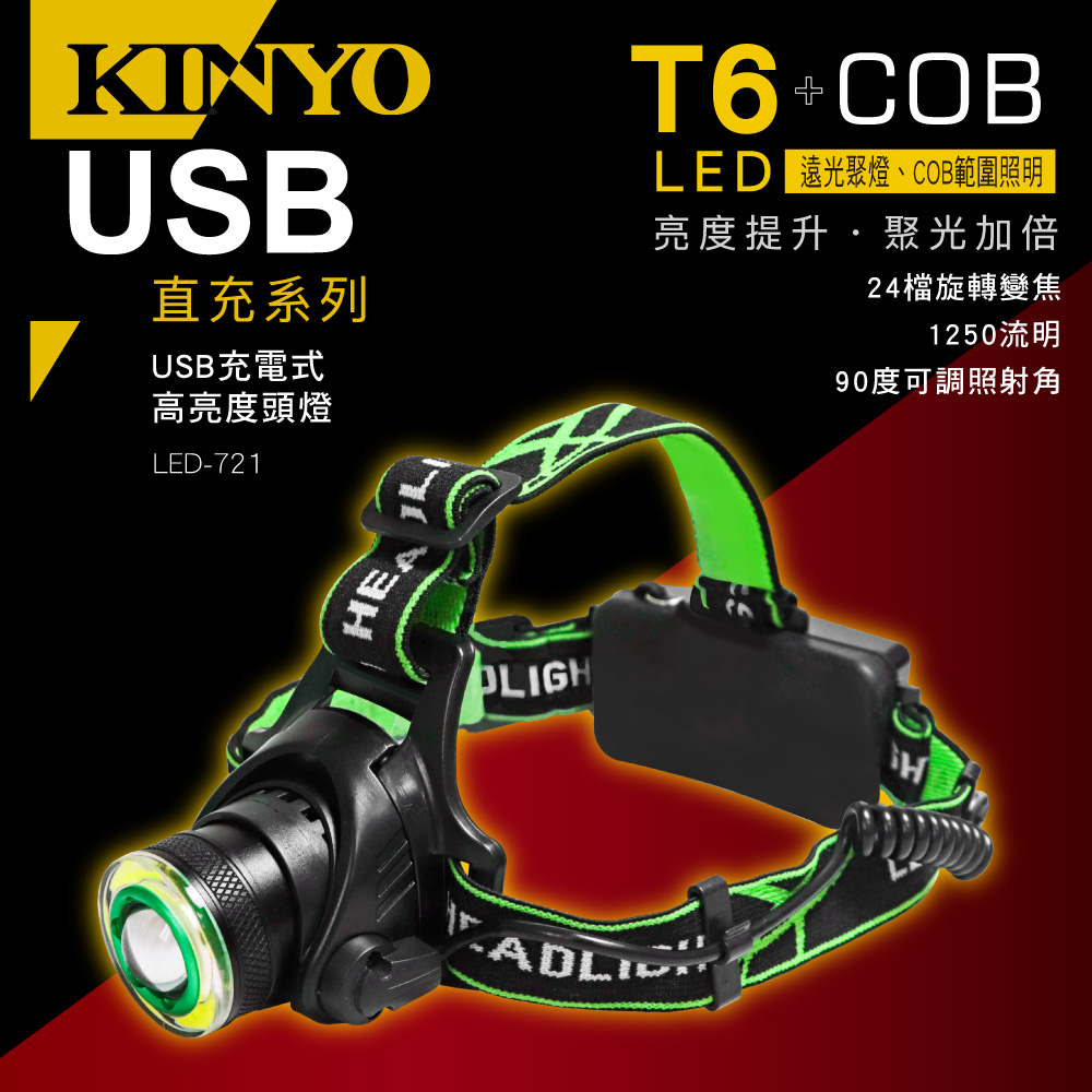 KINYO USB充電式高亮度頭燈 LED-721