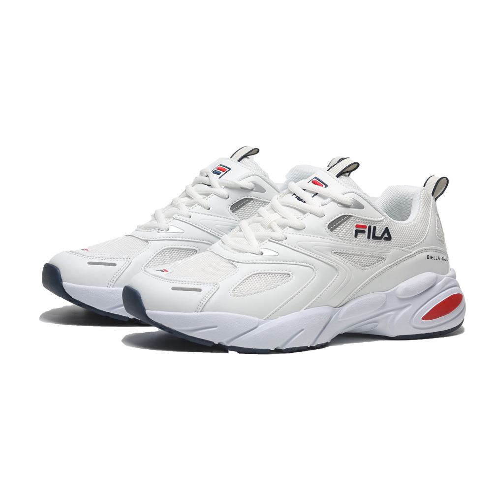 FILA 慢跑鞋 全白 藍紅 皮革 網布 復古 老爹鞋 男 1J907X123 - PChome 24h購物