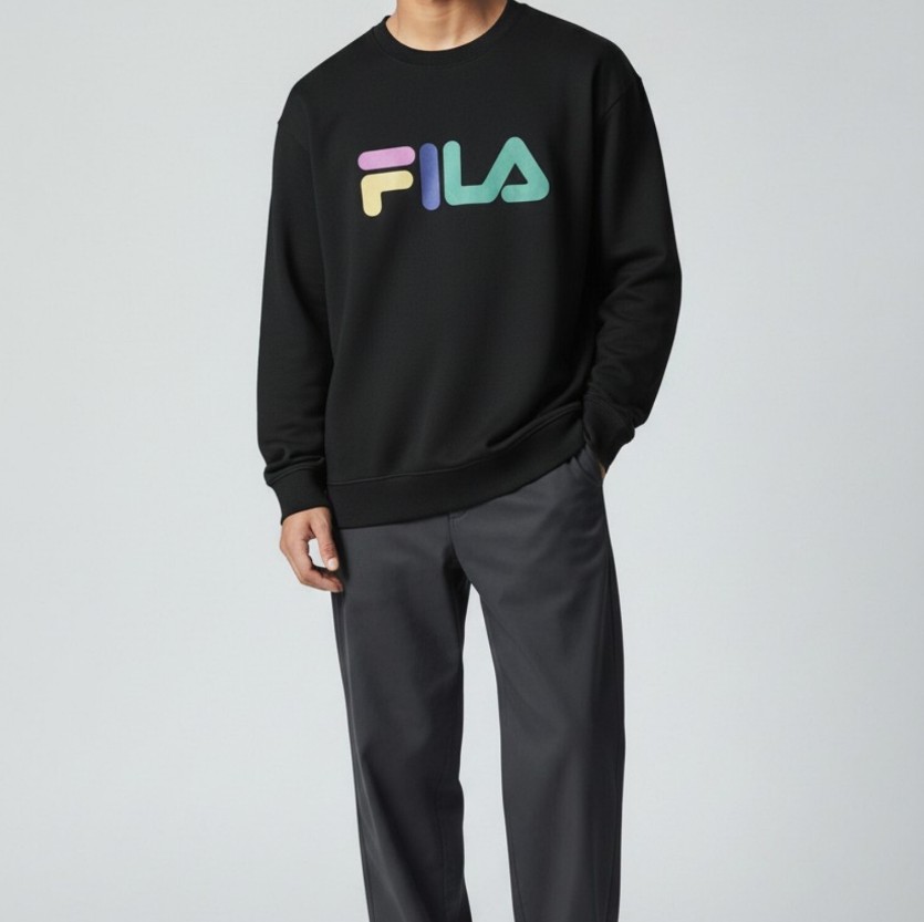 Fila FILA 大學T 黑 彩色LOGO 圓領 長袖 上衣 男 1TEW7000BK