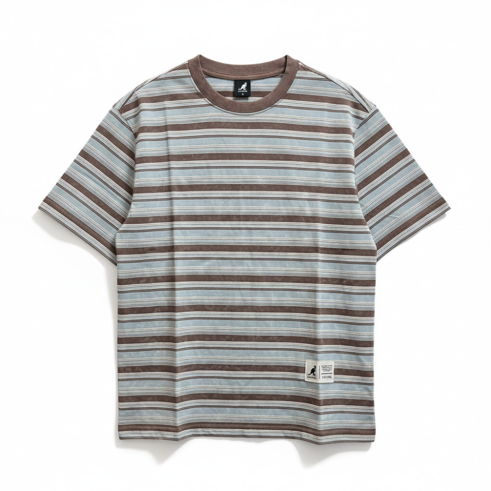 KANGOL KANGOL 短T 咖藍 落肩 個性 仿洗 條紋T 短袖 中性 6625101802