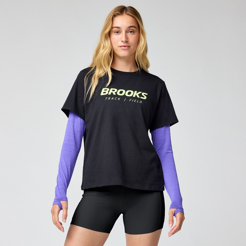 BROOKS 女 Graphic 短袖上衣_經典黑/欣悅黃 (221761012)