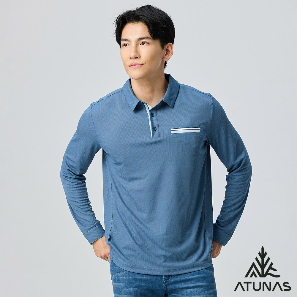 ATUNAS 歐都納 男款POLARTEC POWER DRY長袖POLO衫A1PSGZ01M原力藍/吸濕排汗/透氣快乾/銀離子抗臭/大尺碼