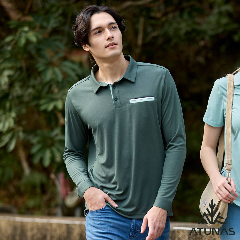 ATUNAS 歐都納 男款POLARTEC POWER DRY長袖POLO衫A1PSGZ01M行李袋綠/吸濕排汗/透氣快乾/銀離子抗臭/大尺碼