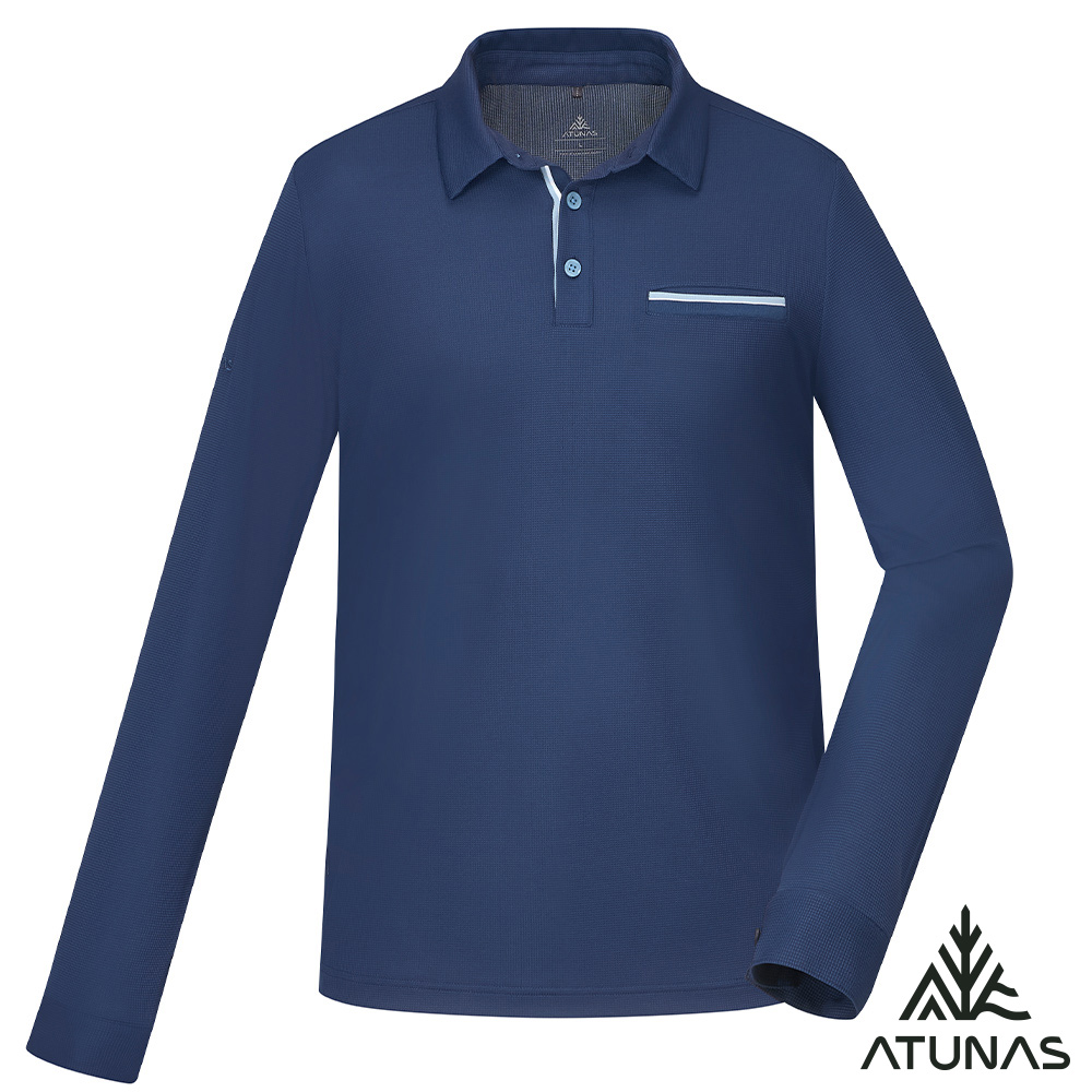 ATUNAS 歐都納 男款POLARTEC POWER DRY長袖POLO衫A1PSGZ01M藏青/吸濕排汗/透氣快乾/銀離子抗臭